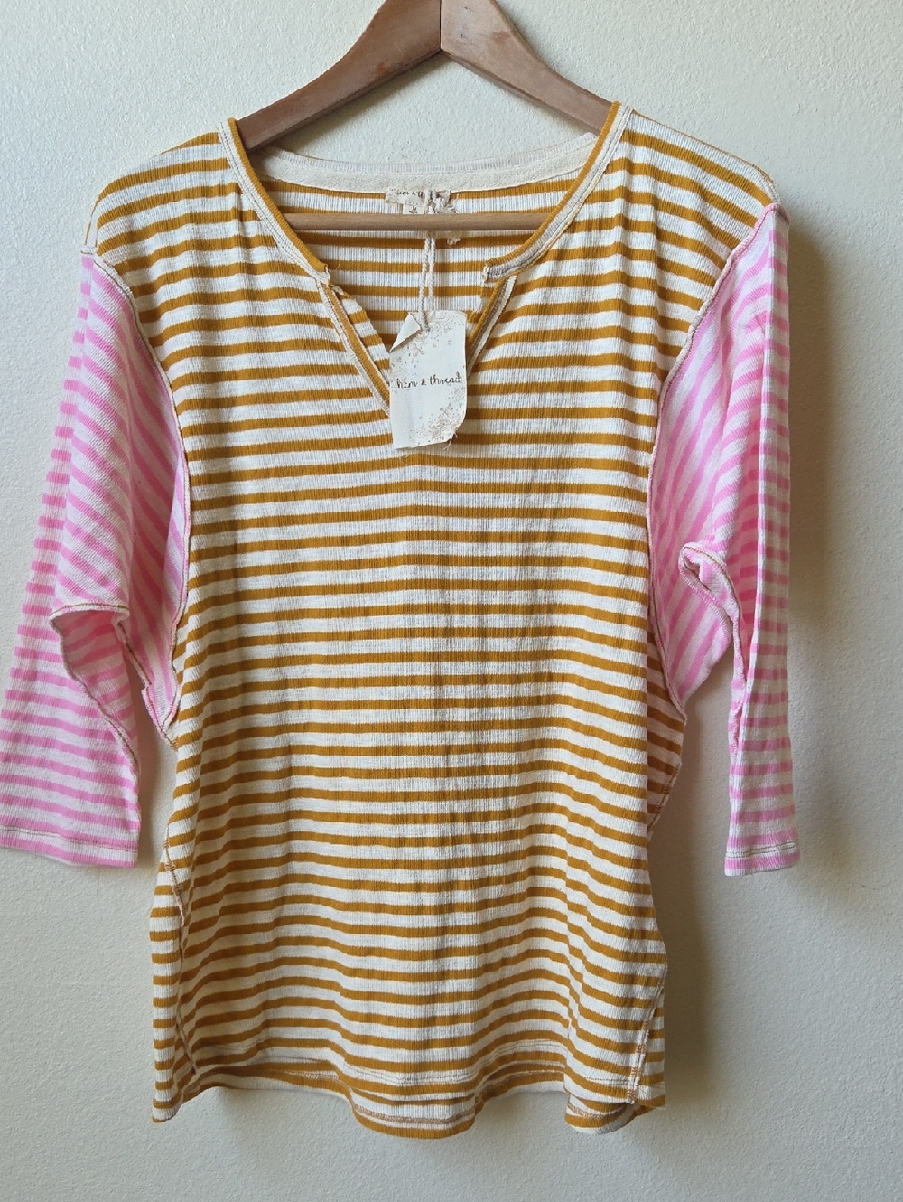 NWT Hem & Thread Striped Raglan Top with Pink Sleeves